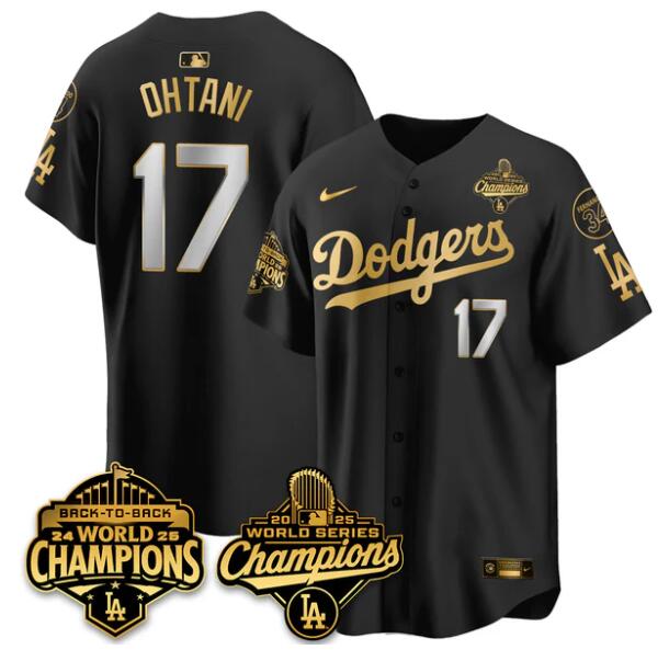 Youth Los Angeles Dodgers #17 Shohei Ohtani Black Gold 2025 World Series Champions & Back to Back Champions With No.34 Patch Limited Stitched Baseball Jersey Youth Los Angeles Dodgers #17 Shohei Ohtani Black Gold 2025 World Series Champions & Back to Back Champions With No.34 Patch Limited Stitched Baseball Jersey